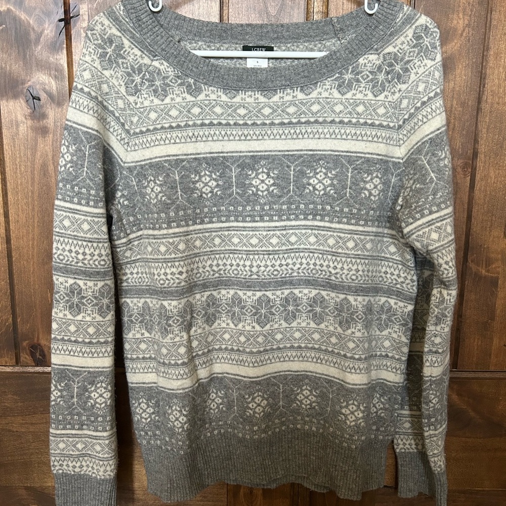 J.Crew Wool & Cashmere Winter Ski Sweater, Grey & White Size Small